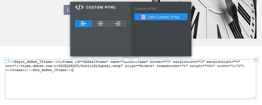 Paste the code you copied from the previous step into the text field in the Embed Code / Custom HTML element