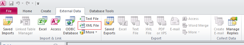 3.Open the existing Access databaseor create the new ona and select the „External data' tab. Next, select the „XML file' command from „Import & link' panel.